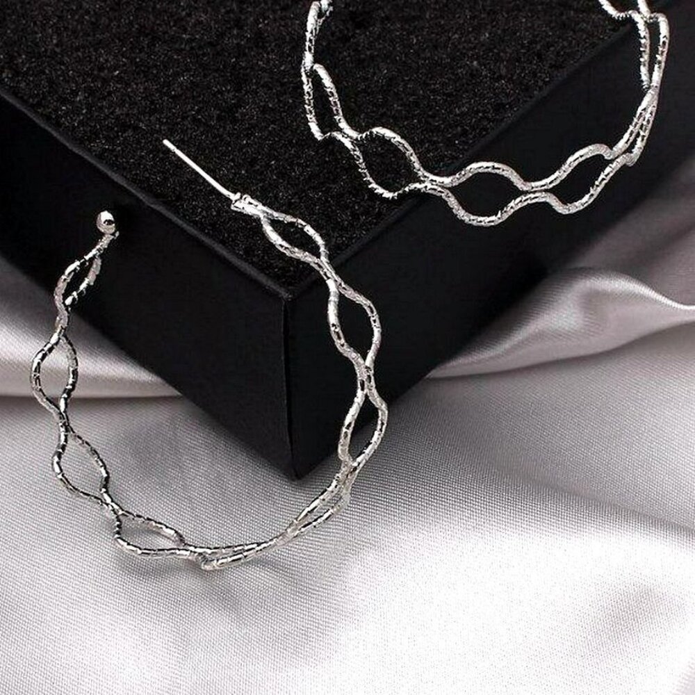 Vanessa Abstract Double Wave Artistic Hoop Earrings in Silver Gift Packaged